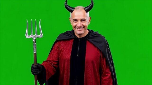 A seventy-six-year-old man dressed in a devil costume playfully poses with a pitchfork prop, filmed in 4k, against an isolated green screen backdrop.