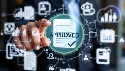 businessman touching approved document icon on digital documents for approve business project proposals. quality assurance and online evaluation of business concept.