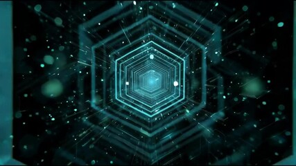futuristic hexagon tunnel with glowing aqua lines and digital light particles abstract 3d render of virtual data corridor depth perspective technology motion blur cyberspace visualization - Powered by Adobe