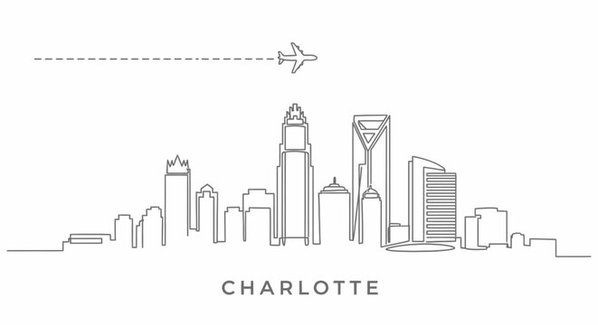 Charlotte NC Skyline with Plane, Minimalist, and Line Art.
