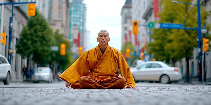 buddhist monk meditating on the street in the middle of a city