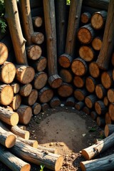 Circular arrangement of stacked wooden logs creating a natural enclosure
