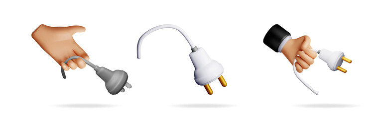 3d cartoon hands holding electric plugs and unconnected plug elements illustration. Electrical power and connection concept.