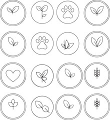 Minimalist Eco Friendly Icon Set Featuring Plants Paw Prints and Heart Shape Designs in Circular Frames for Various Applications