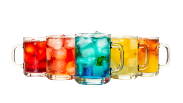 Different bright and refreshing cocktails in glass mugs on a white background. Isolated

