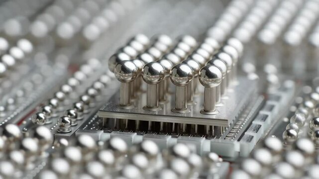 Metallic pin array electronic circuit board showcasing advanced ferroelectric technology with detailed close up of circuit board