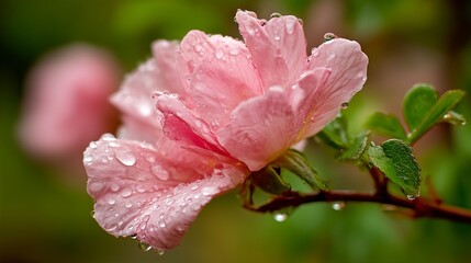 Glistening Water Droplets on Soft Pink Flower Petals