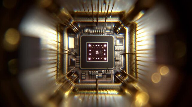 Ferroelectric microchip close up with golden electronic circuit glowing softly futuristic technology design and blurred