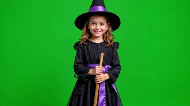 A happy nine year old girl smiles brightly while wearing a witch costume and pointy hat, isolated against a vibrant green screen in high quality 4k footage.