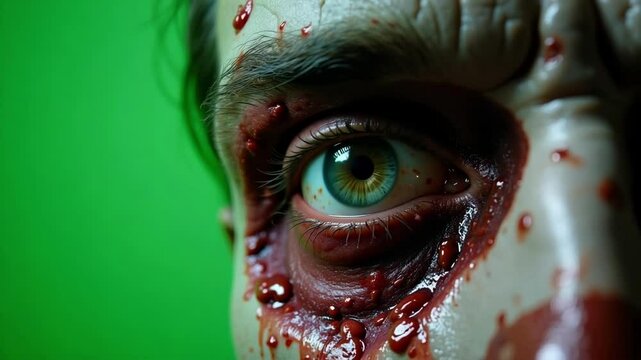 An unsettling close-up reveals the bloodshot eye of a decaying zombie man, creating an eerie and intense stare against a green screen in high-definition footage.