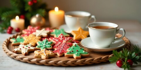 Fototapeta premium A Festive Holiday Tea Time with Decorated Sugar Cookies on a Woven Tray