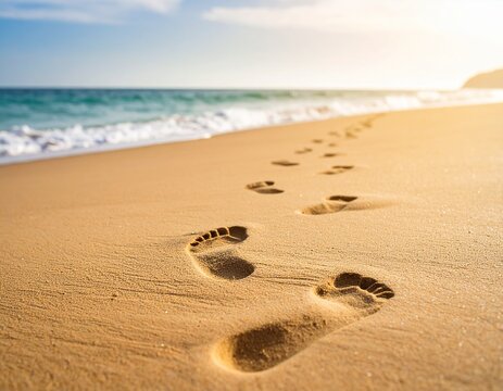 Close-up of footprints in the sand leading towards the ocean, with a blurred horizon in the background. Symbolic image for journeys, mindfulness, or storytelling visuals.