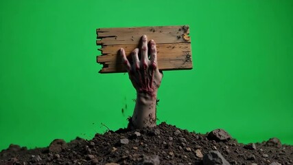 A chilling zombie hand clutches a weathered wooden sign, rising eerily from the earth against a vivid green screen backdrop, perfect for horror themed projects.