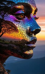 Mosaic face with nature and sunset