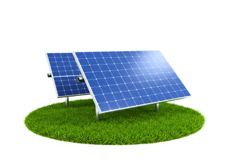 Two blue solar panels on green grass isolated on transparent background