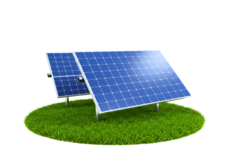 Two blue solar panels on green grass isolated on transparent background