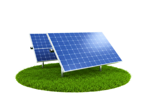 Two blue solar panels on green grass isolated on transparent background