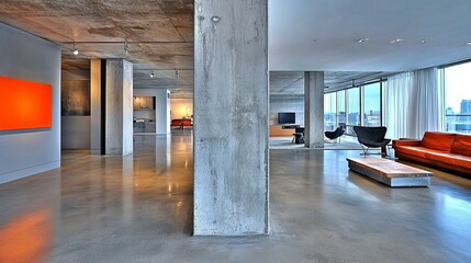 Spacious loft apartment with exposed concrete columns, polished floors, large windows offering city views, and modern furniture
