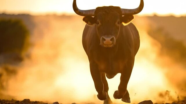 Bull running in golden light