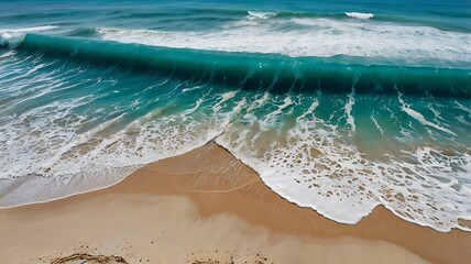 Drone view of a coastline with waves forming perfect spirals, vibrant turquoise ocean, fine sandy beach, ultrasharp focusv