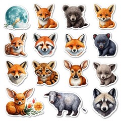 Cute animal stickers featuring foxes, bears, deer, raccoons, and other forest creatures