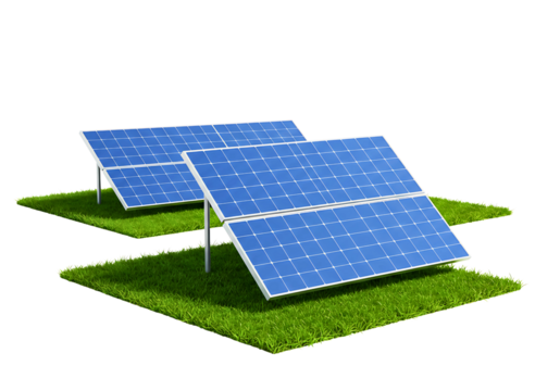 Two blue solar panels on green grass isolated on transparent background