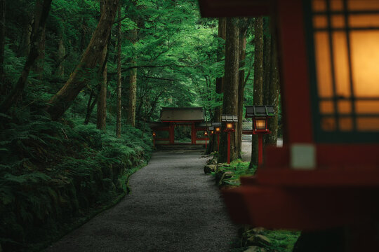 Traditional lanterns at Kifune Shrine in summer evening in Kyoto, Japan