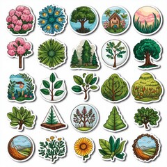 Collection of hand-drawn nature and plant stickers featuring flowers, trees, leaves, and scenic landscapes in vibrant colors