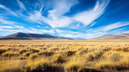 Expansive high desert landscape under a vibrant blue sky with wispy clouds, showcasing golden grasses and distant mountains