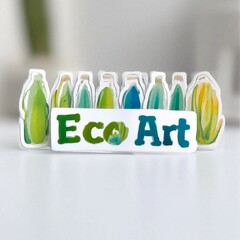 Eco-art display with colorful bottles and green heart logo
