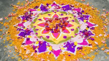Floral Rangoli A Vibrant Mandala of Petals for Onam Celebrations. AI generative