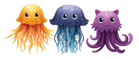 Three colorful cartoon jellyfish with expressive faces swimming in a vibrant ocean setting