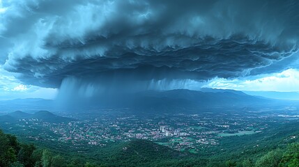 Fototapeta premium Dramatic storm clouds over a city nestled in a valley.