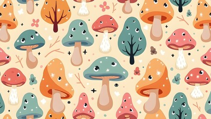 Playful Seamless Pattern with Cartoon Mushrooms
