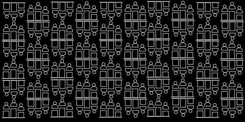 Seamless black background pattern of white line art dining tables with chairs. Ideal for restaurant layouts, hospitality design, food service graphics, and floor plan concepts
