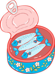 Fisherman Aesthetic Sardines Clipart . Cute Hand Drawn Seafood Illustrations. Summer Coastal Kitchen Cliparts