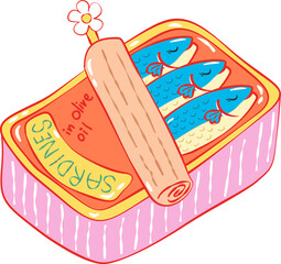 Fisherman Aesthetic Sardines Clipart . Cute Hand Drawn Seafood Illustrations. Summer Coastal Kitchen Cliparts