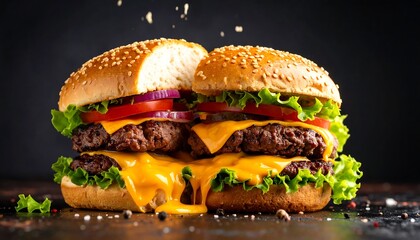 Burger Cut in Half with Melting Cheese Pull