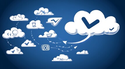 White clouds with icons and arrows on a dark blue background.