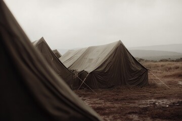 Tents stand resilient against moody sky, evoking survival and so