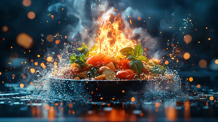 Vibrant Vegetables Ignite with Flames and Water Splashes in Bowl