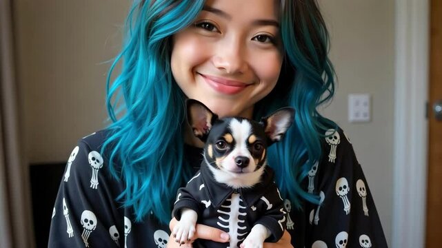 A young woman with vibrant blue hair streaks is playfully posing with her tiny chihuahua companion, both adorned in adorable skeleton themed pajamas in this 4k footage.