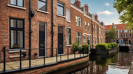Fototapeta premium Dutch style terrace housing, narrow design, brick texture, canal background