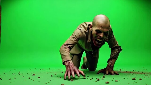 A terrifying undead zombie crawls forward against a vibrant green screen, ideal for horror film compositing and special effects in 4K resolution footage.