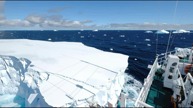 Vessel navigating near a tabular iceberg: revealing submerged ice caverns and vivid aquatic hues amid vast polar expanse