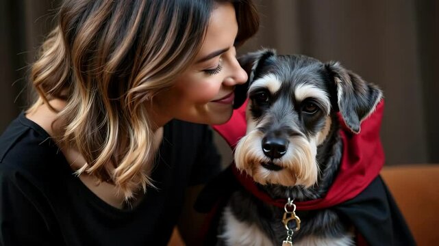 A woman with balayage hairstyle affectionately kisses her miniature schnauzer dressed in a cute Dracula cape, creating a heartwarming moment.