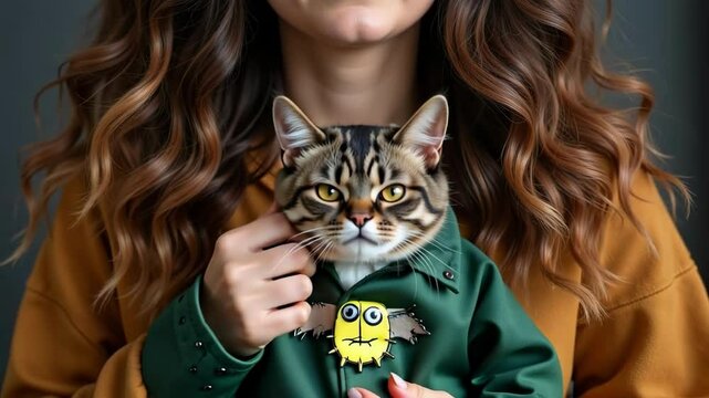 A woman with flowing wavy ombre hair lovingly cradles her grumpy cat, humorously dressed in a Frankenstein costume in crisp 4k resolution.