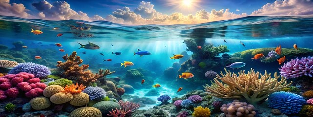 Photo of a vibrant coral reef teeming with colorful fish and marine life thrives beneath the oceans surface, bathed in sunlight