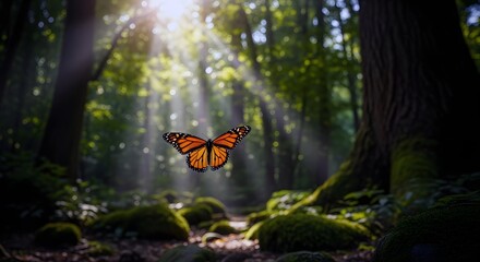 Orange Monarch Butterfly Flying in Tranquil Green Forest with Sunlight