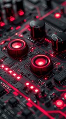 Close-Up View of Red and Black Circuit Board with LED Lights